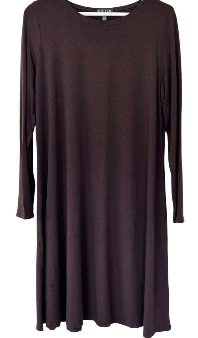 Eileen Fisher Viscose Jersey Knee Length Swing Dress Size XL Long Sleeve Brown